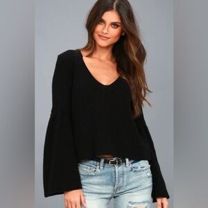 Free People Black Cropped V Neck Bell Sleeve Sweater
